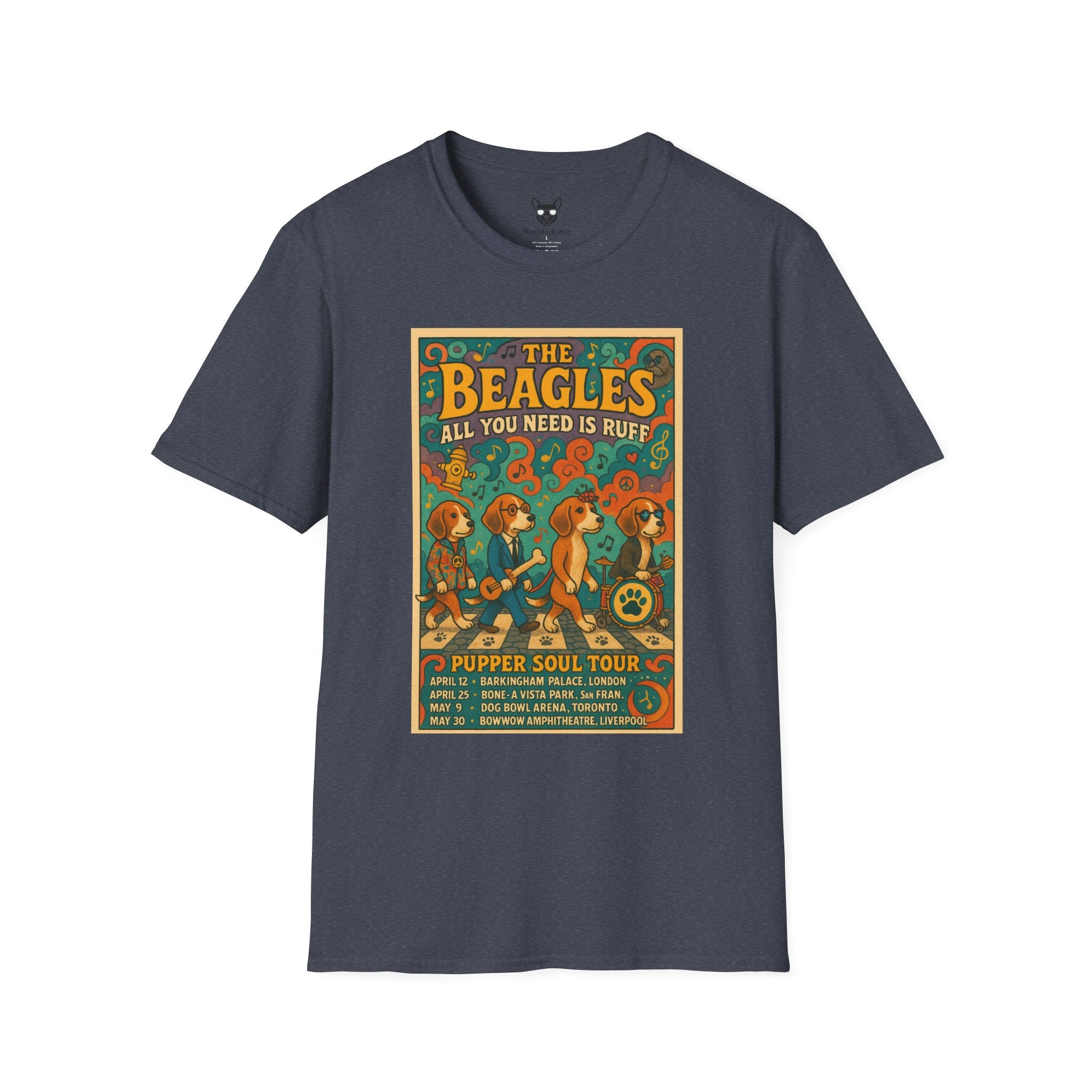 The Beatles Concert Poster Dog Parody Unisex Softstyle T-Shirt -- Funny Dog Concert Tee for Music and Dog Lovers